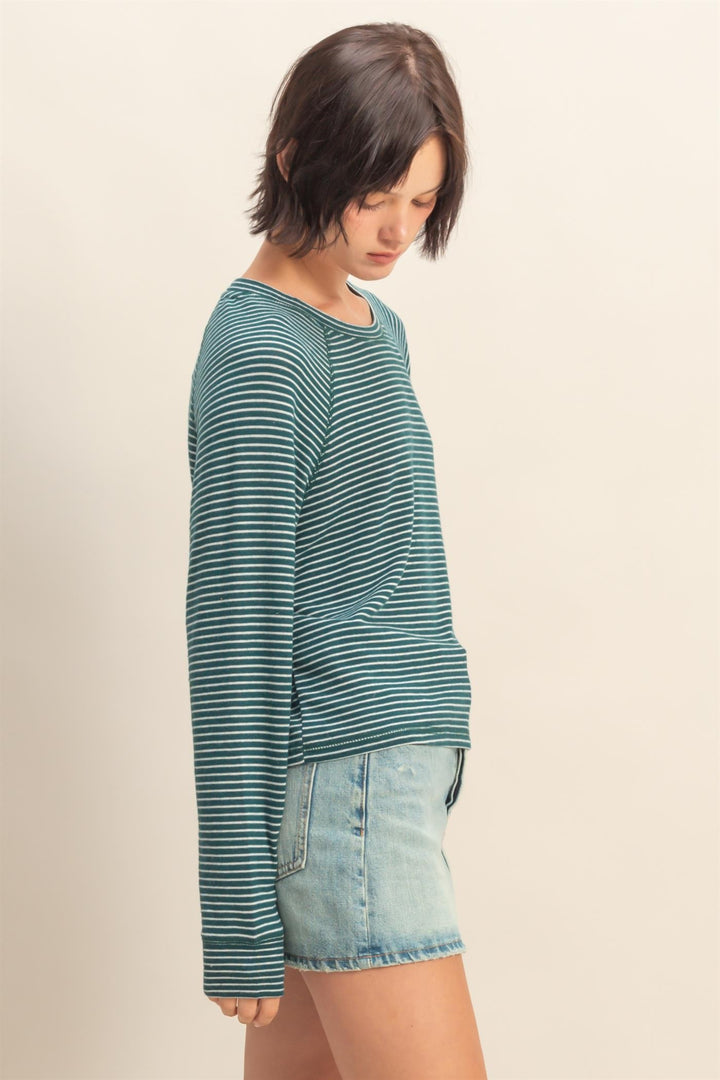 Come for It Striped Raglan Long Sleeve Top in Green/White