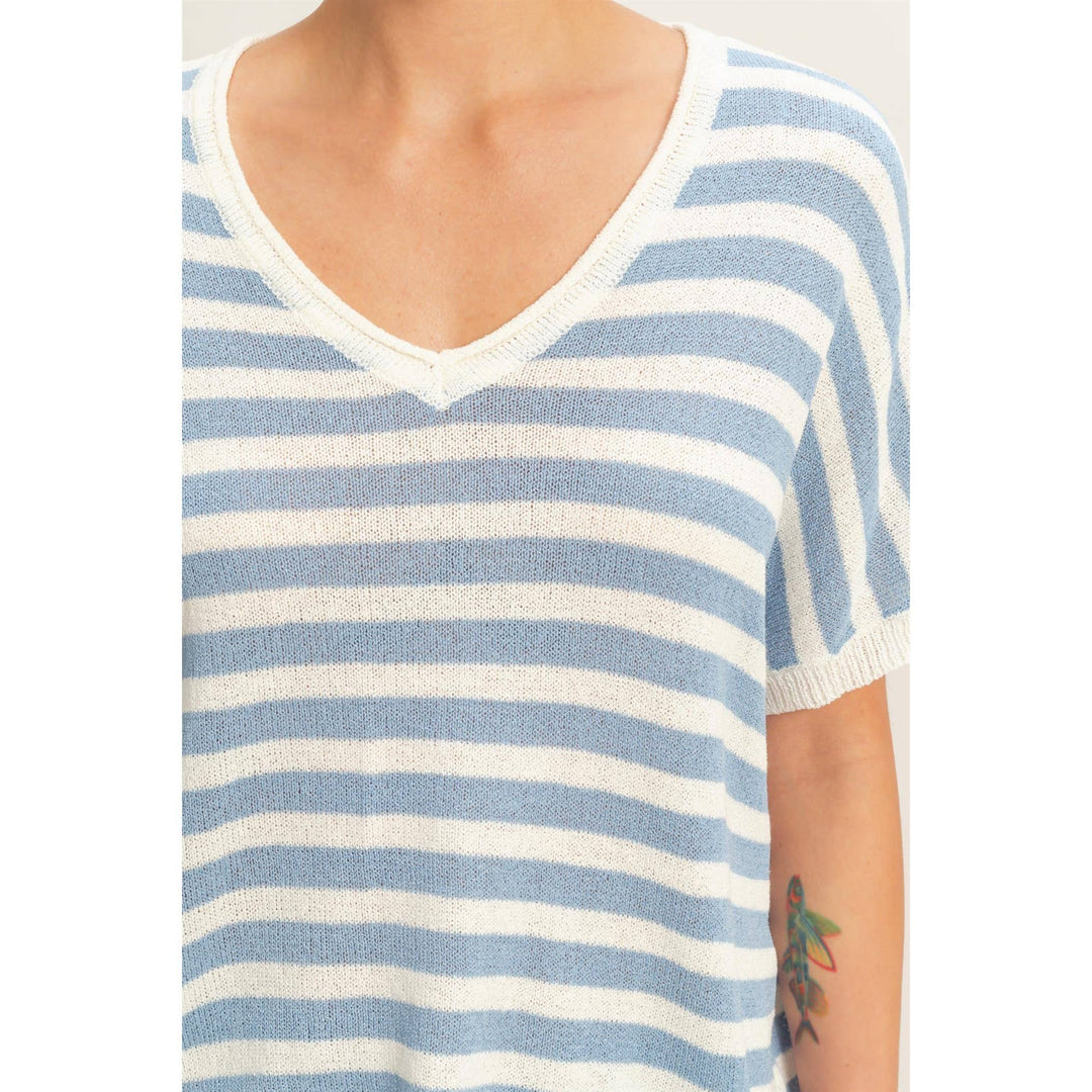 Striped V-Neck Short Dolman Sleeve Oversized Top