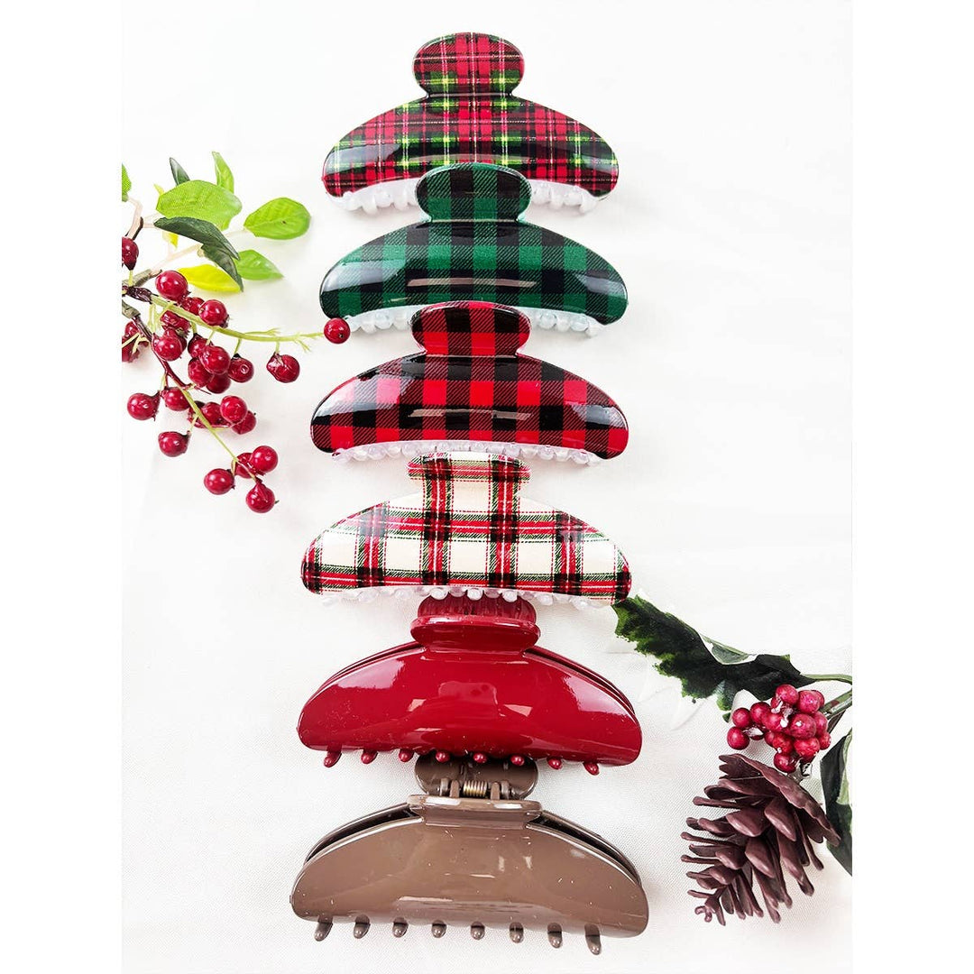 Christmas Plaid Print with solid Hair Claw Clip