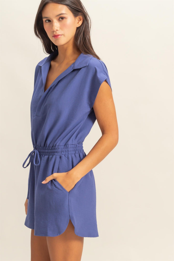 Gonna Go Far Collared Romper in Dusty Indigo