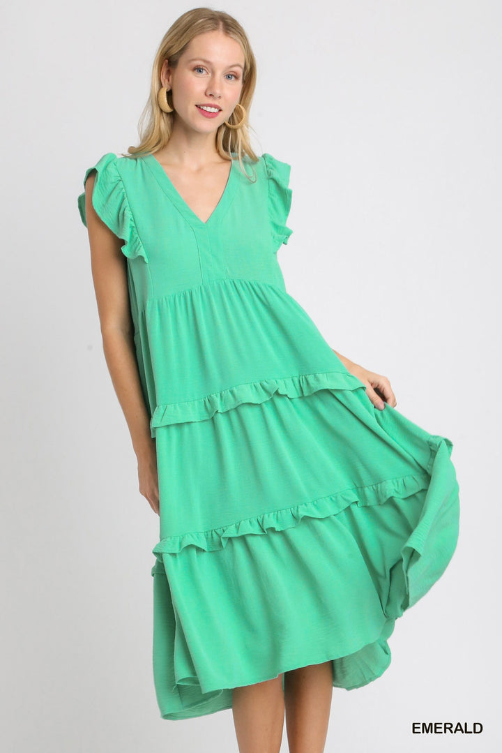 Keep It Up Ruffle Tiered Midi Dress with Flutter Sleeves
