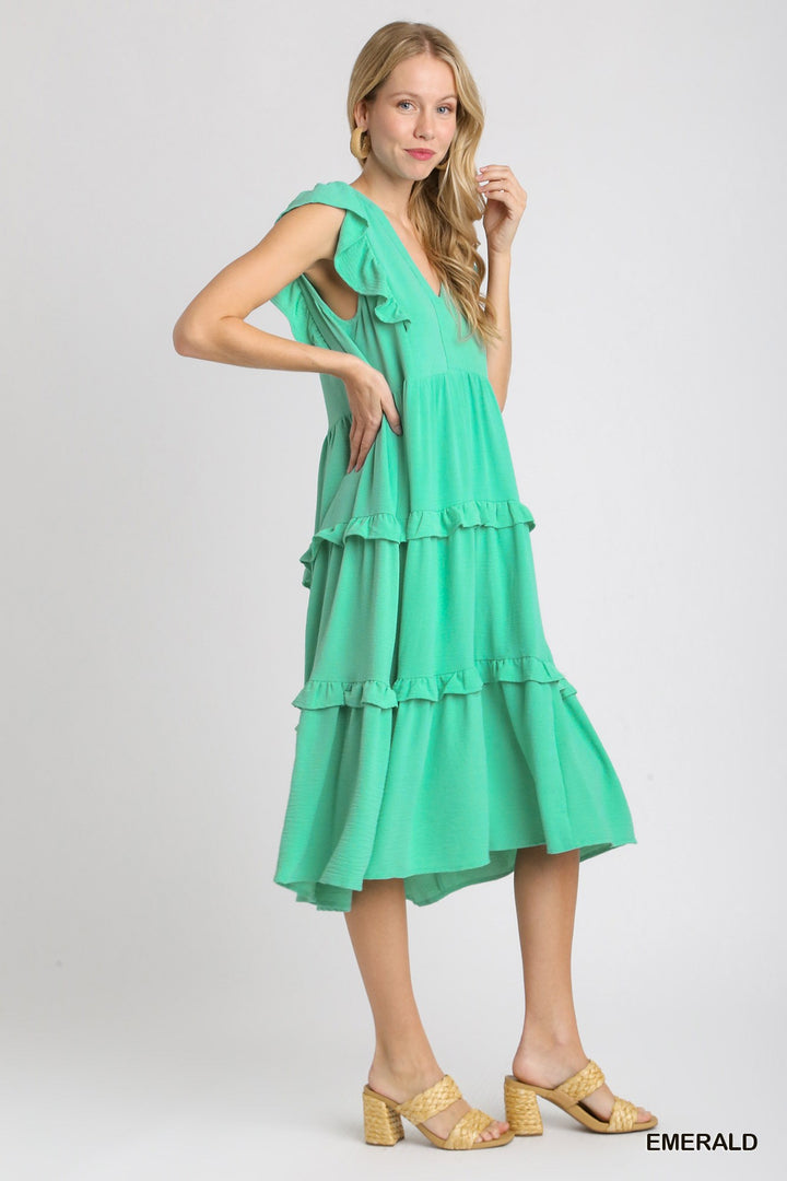 Keep It Up Ruffle Tiered Midi Dress with Flutter Sleeves