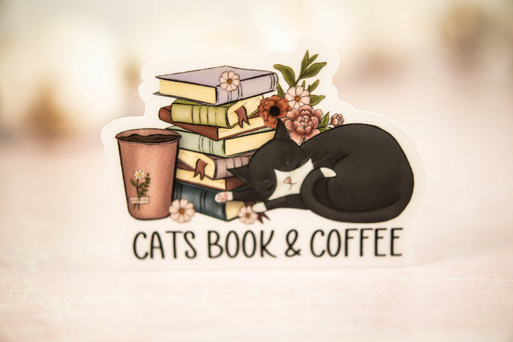 Cats Book & Coffee,  Vinyl Sticker, 3x3 in.