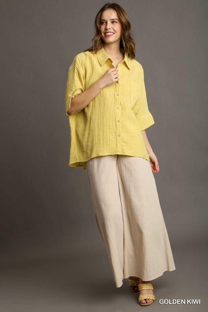 Just Thinking Pleated Short Sleeve Button Up Top in Kiwi