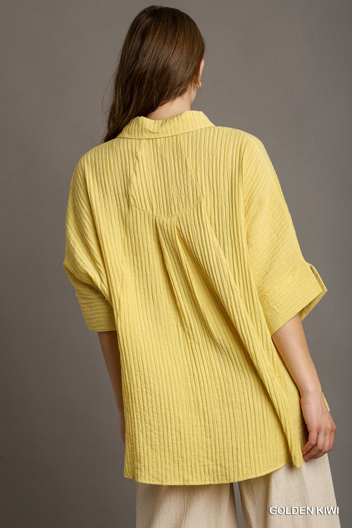 Just Thinking Pleated Short Sleeve Button Up Top in Kiwi