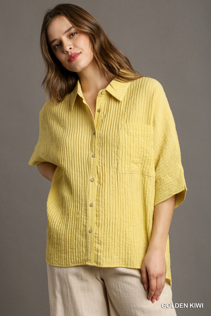 Just Thinking Pleated Short Sleeve Button Up Top in Kiwi