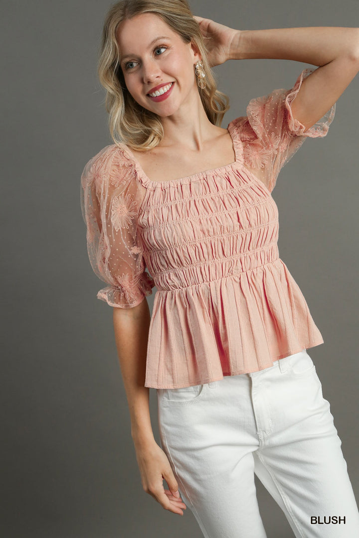 Precious Moments Woven Fabric Floral Lace Top & Smocking Chest Detail