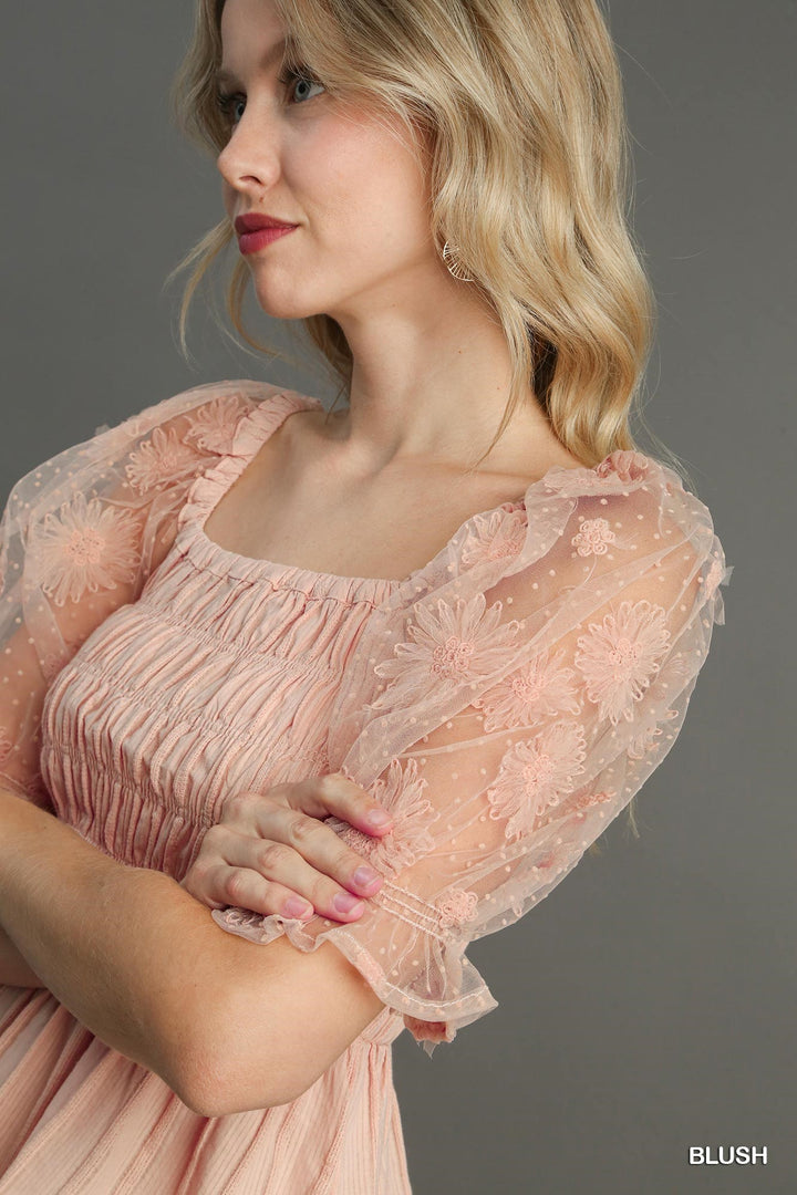 Precious Moments Woven Fabric Floral Lace Top & Smocking Chest Detail