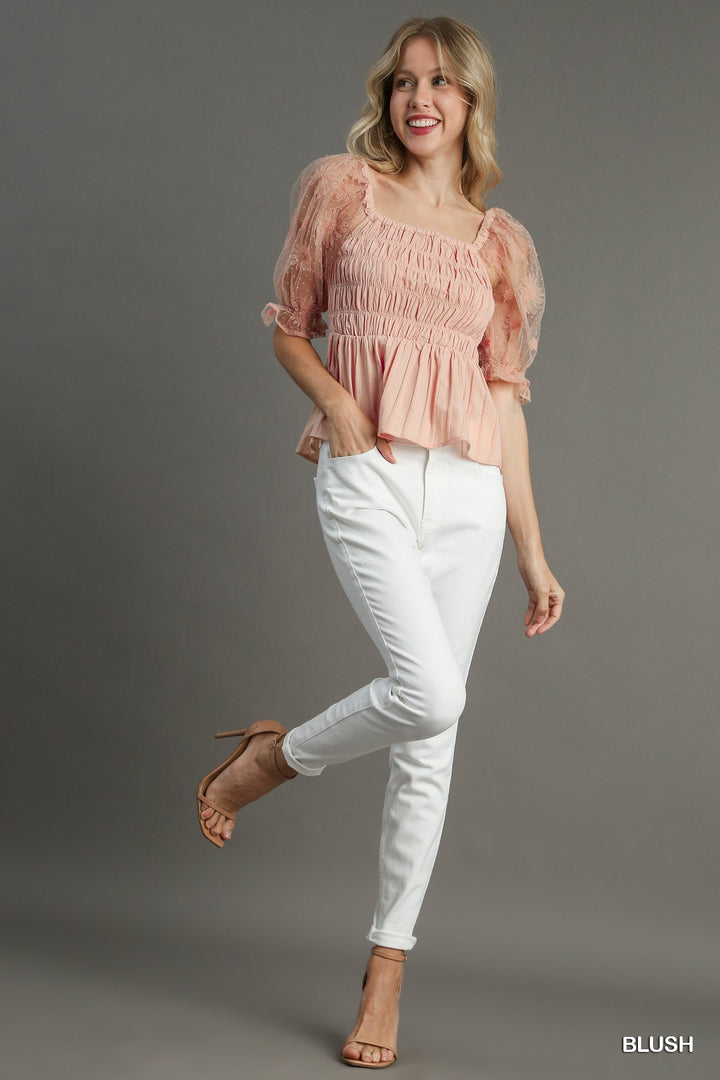 Precious Moments Woven Fabric Floral Lace Top & Smocking Chest Detail