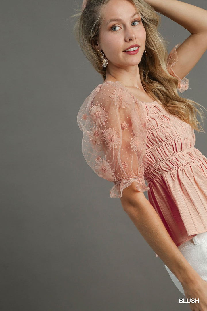 Precious Moments Woven Fabric Floral Lace Top & Smocking Chest Detail