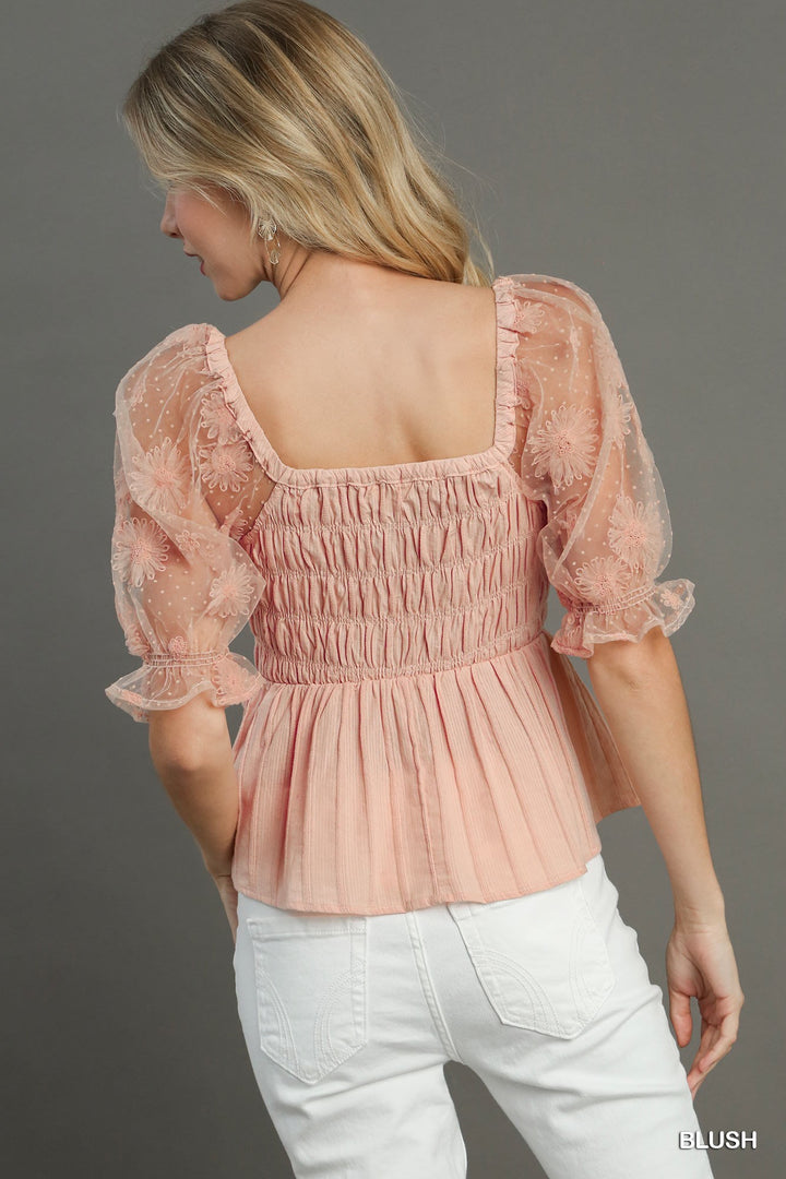 Precious Moments Woven Fabric Floral Lace Top & Smocking Chest Detail
