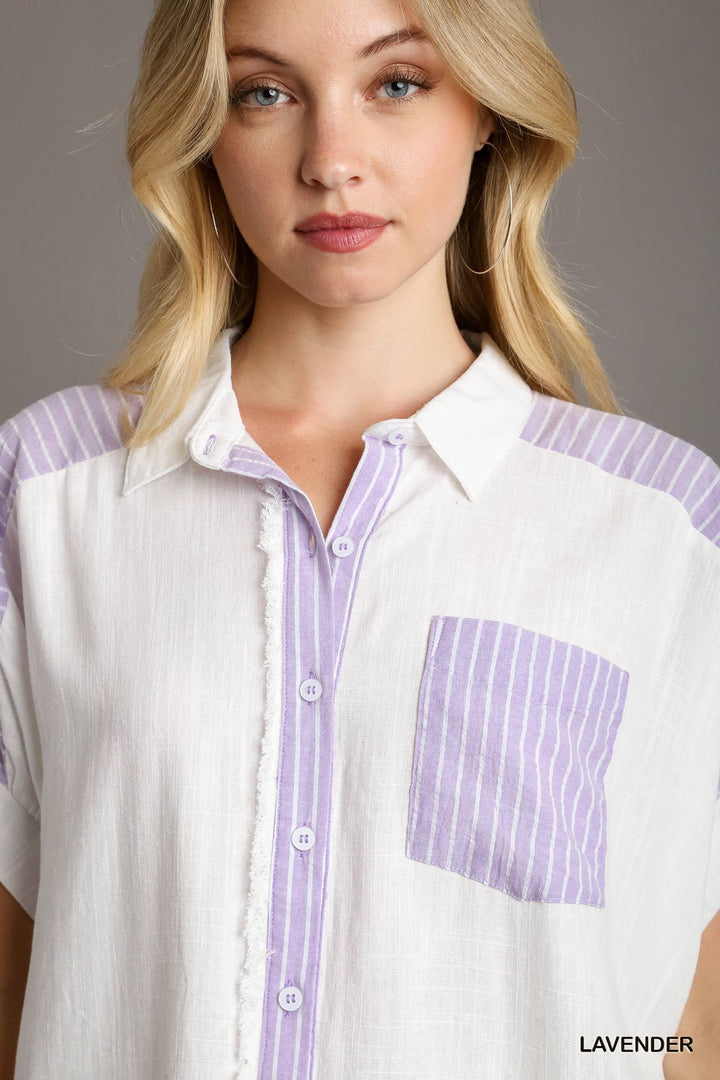 Can't Stop Me Linen Short Sleeve Button Down Top in White and Blue
