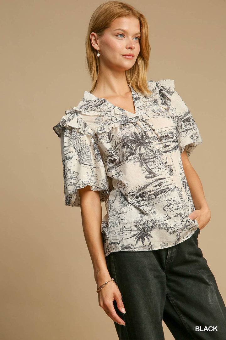 Two Tone Split Neck Top in Black and White