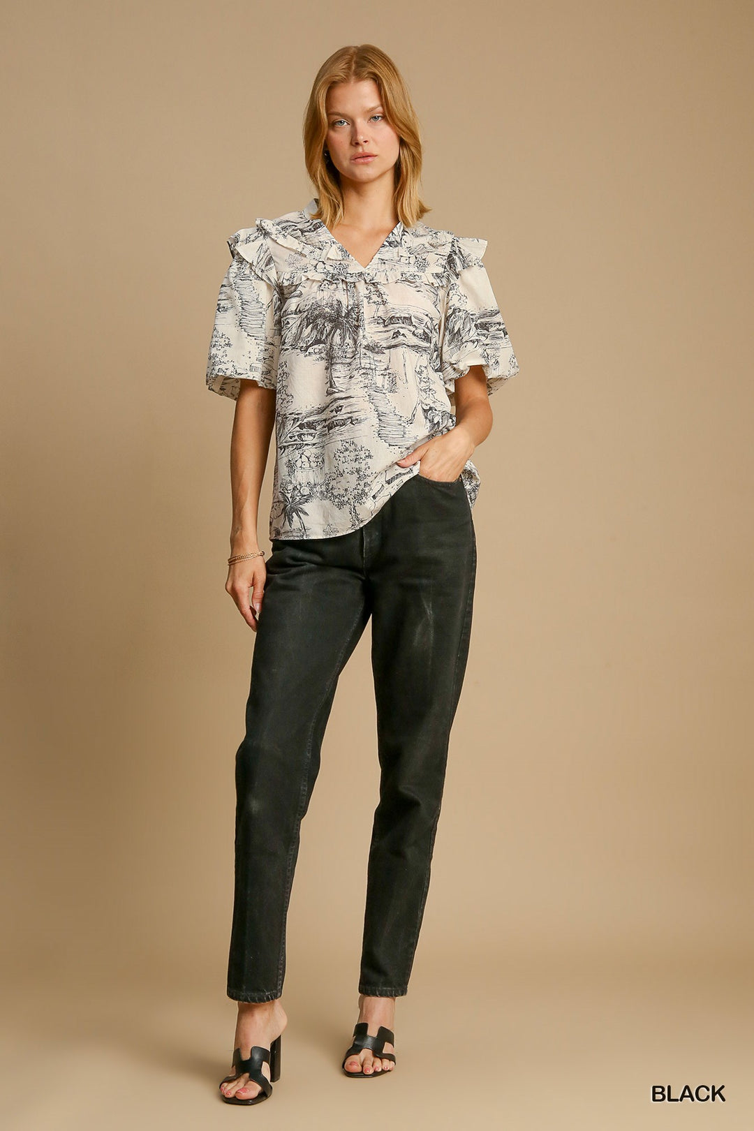 Two Tone Split Neck Top in Black and White