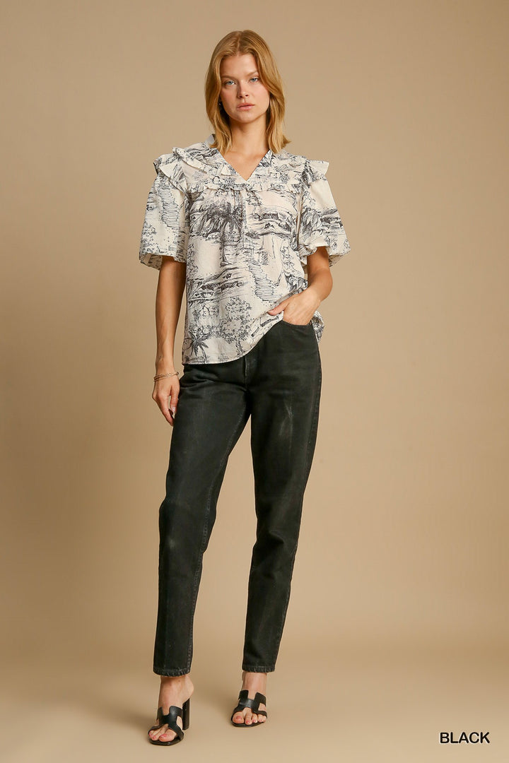 Two Tone Split Neck Top in Black and White