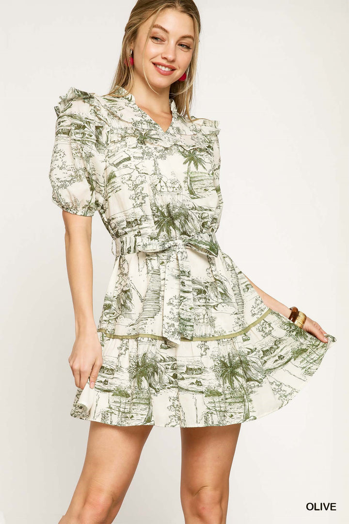 Under The Trees Two Tone Toile Print Midi Dress