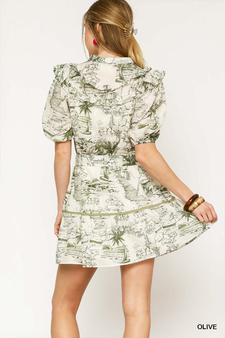 Under The Trees Two Tone Toile Print Midi Dress