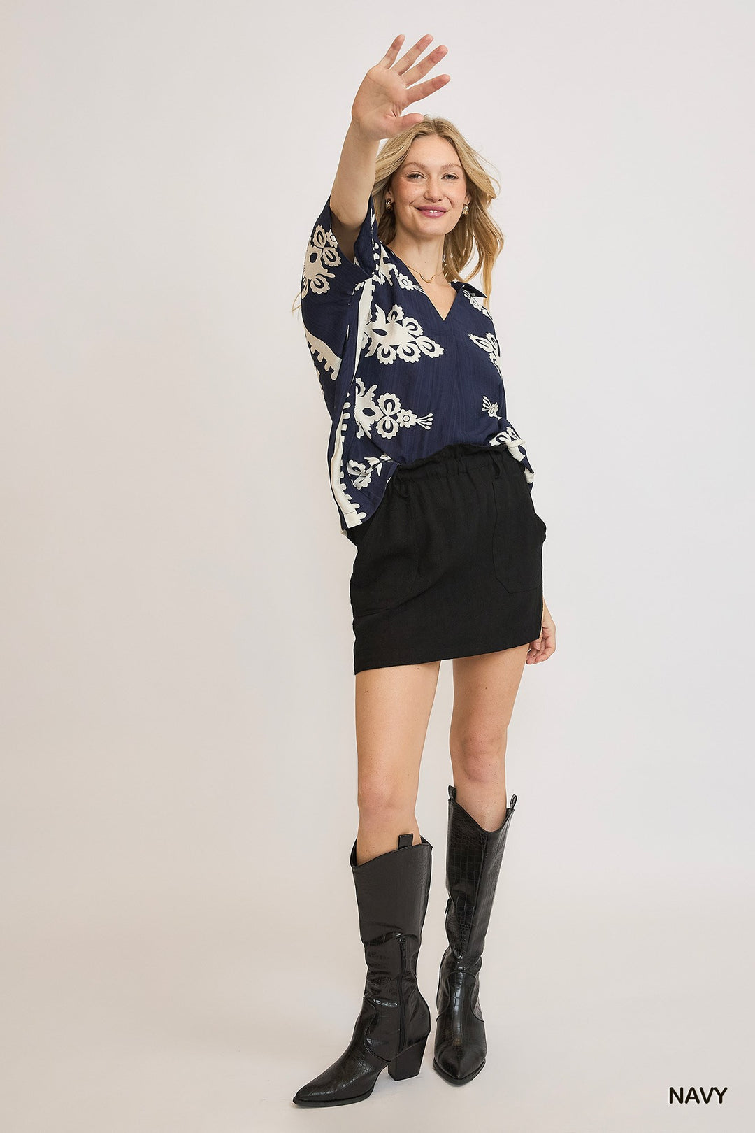 Playmaker Oversized Border Print Top in Navy