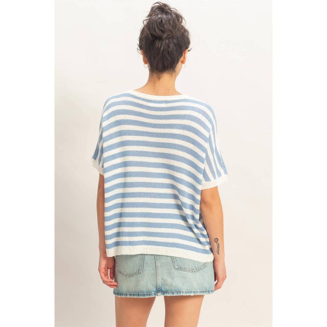 Striped V-Neck Short Dolman Sleeve Oversized Top