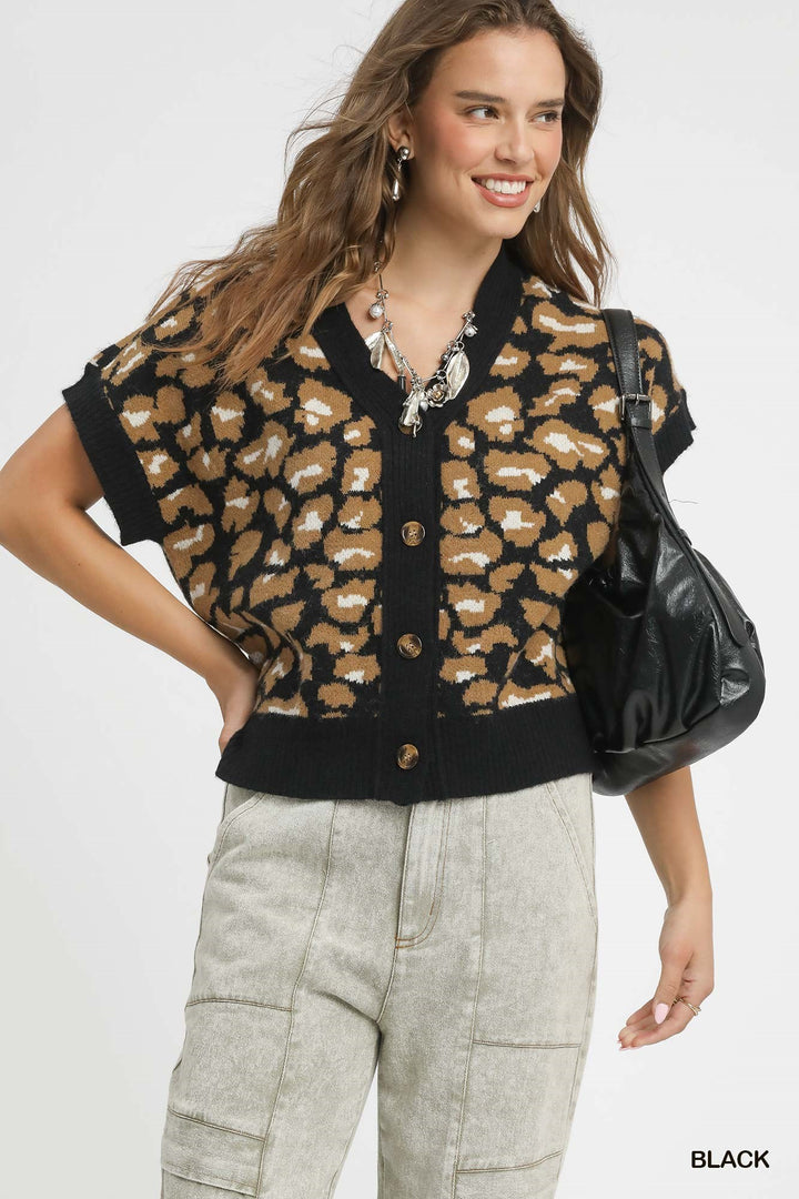 All Wild Leopard Knit Button-Down Sweater Vest in Black