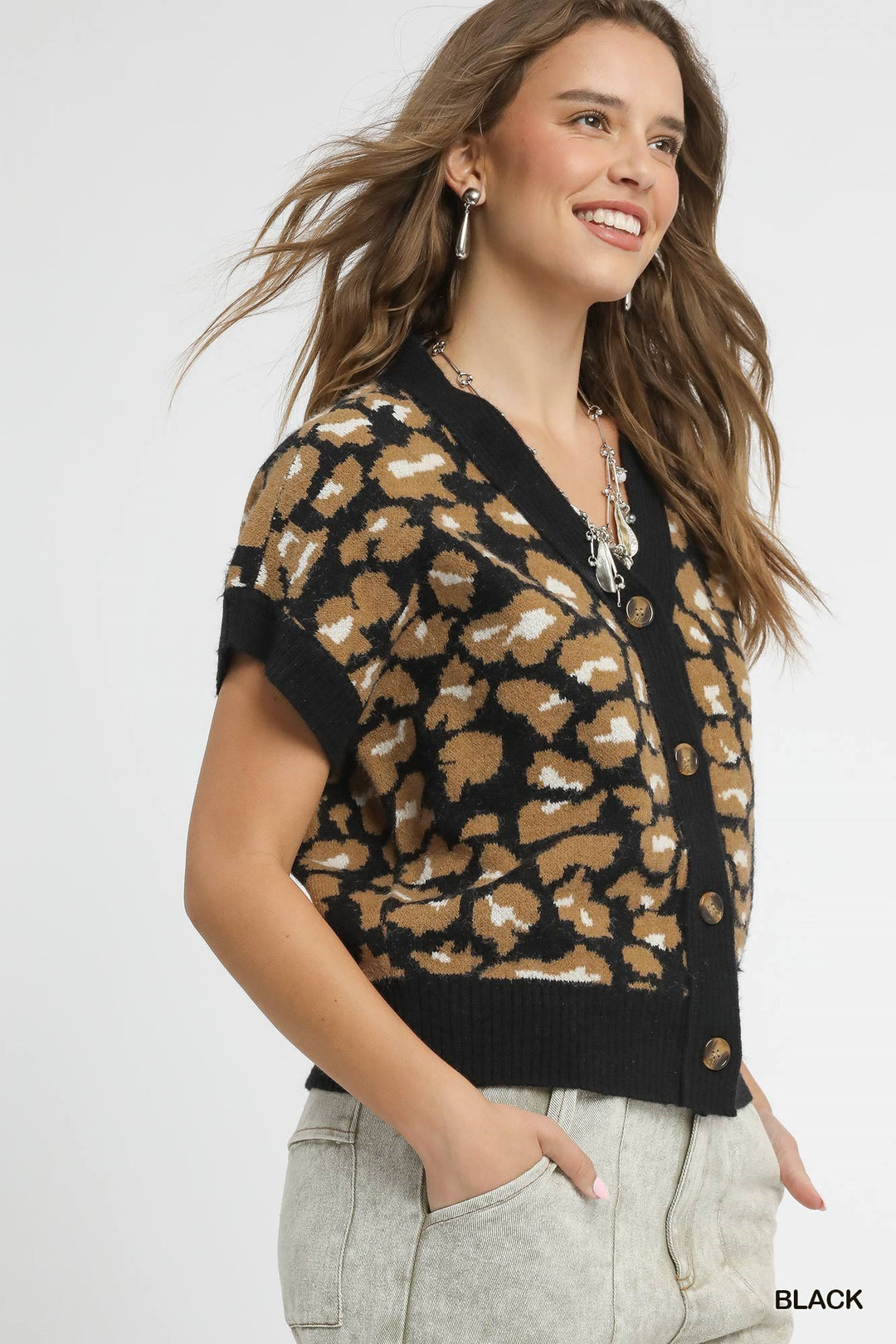 All Wild Leopard Knit Button-Down Sweater Vest in Black