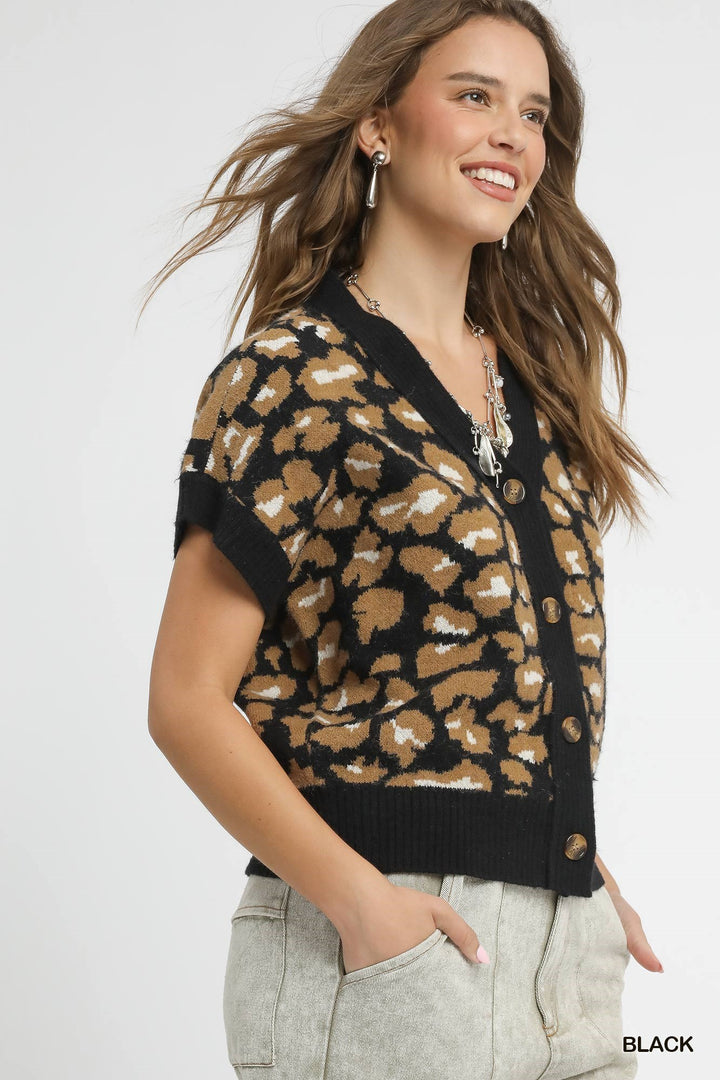 All Wild Leopard Knit Button-Down Sweater Vest in Black
