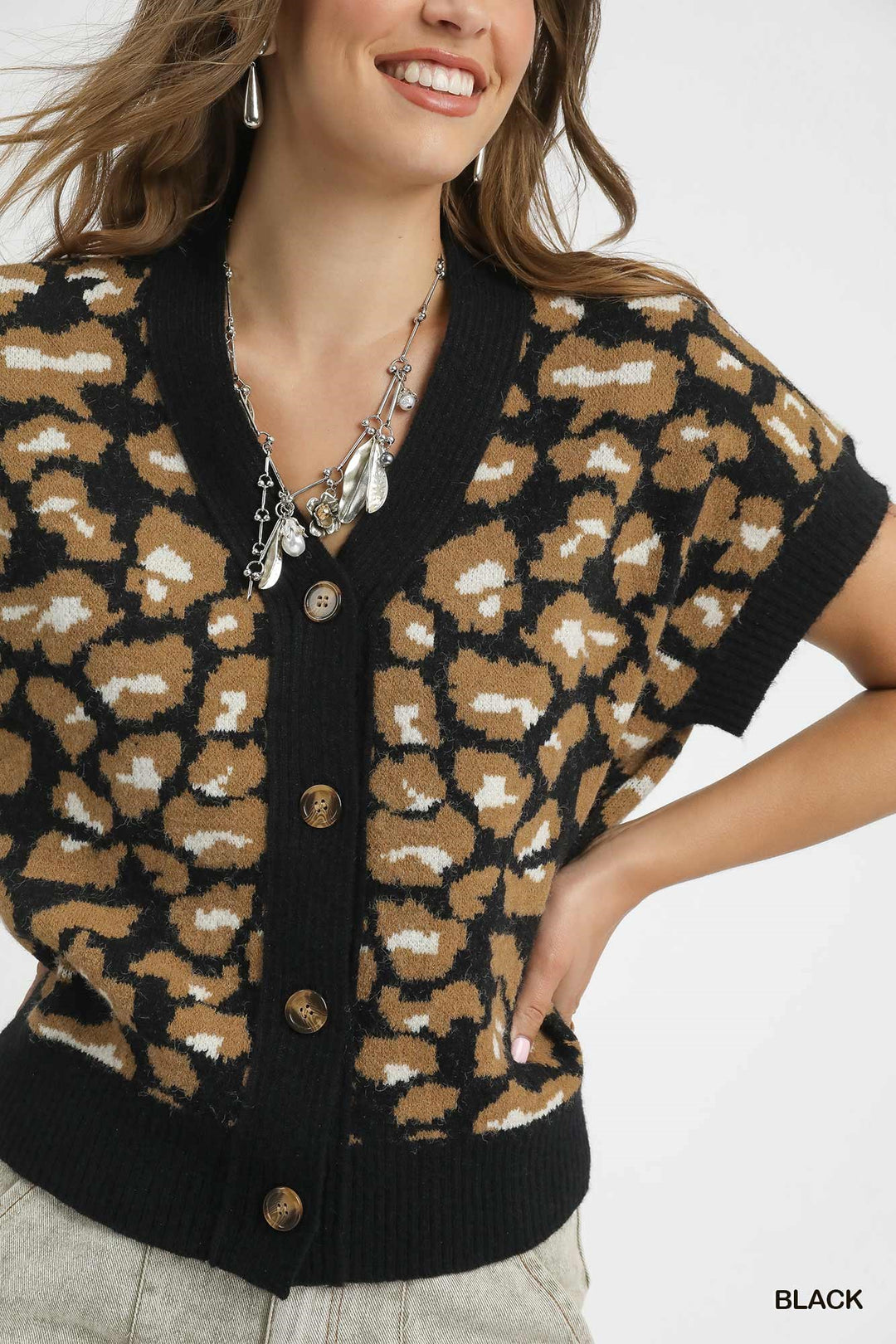All Wild Leopard Knit Button-Down Sweater Vest in Black