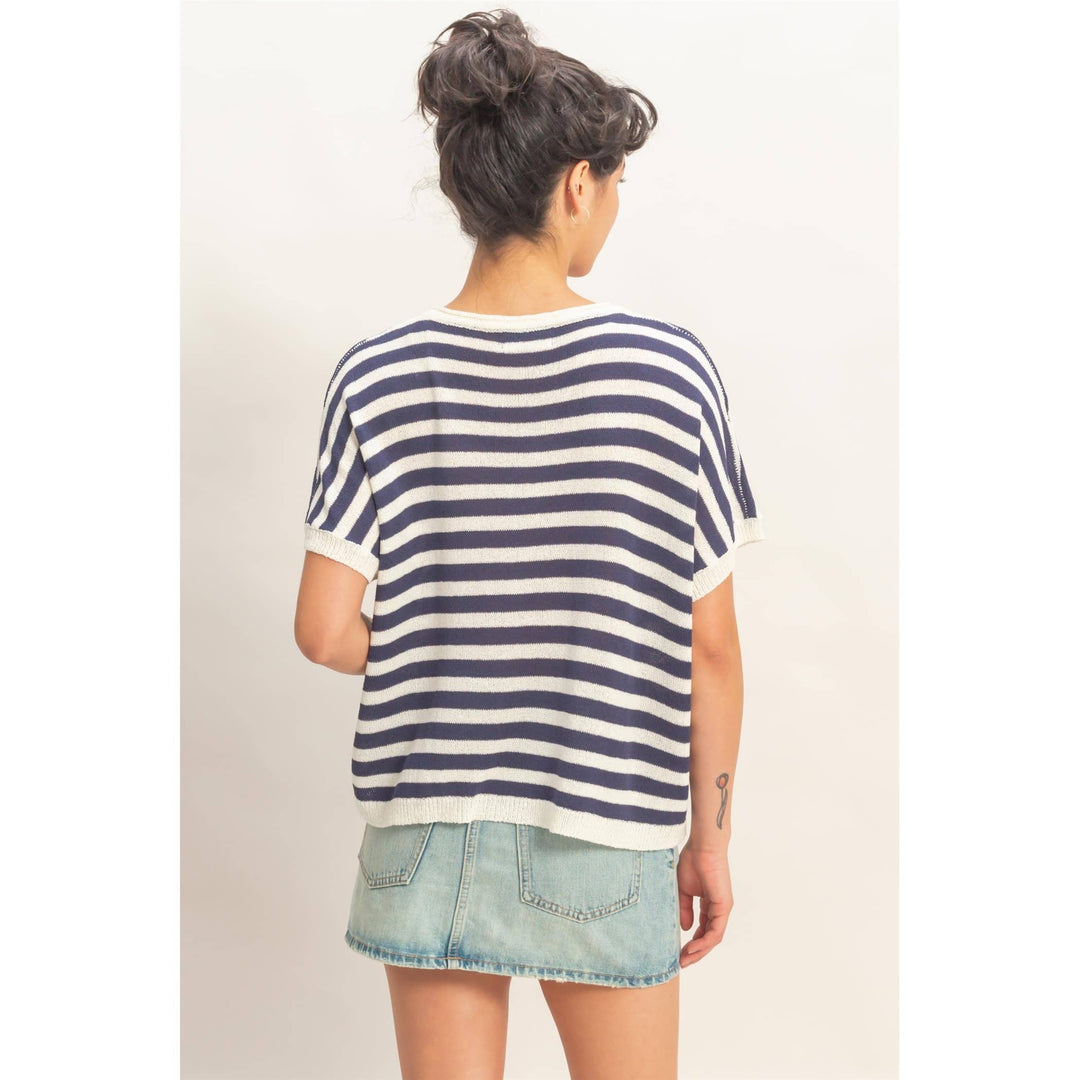 Striped V-Neck Short Dolman Sleeve Oversized Top