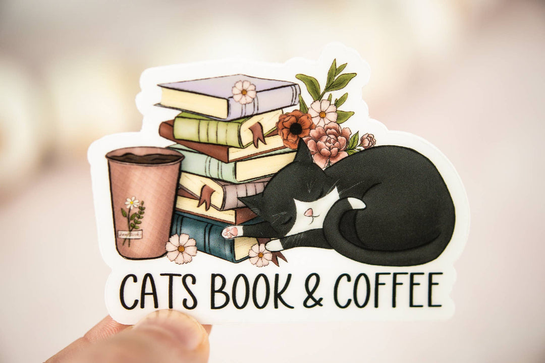 Cats Book & Coffee,  Vinyl Sticker, 3x3 in.