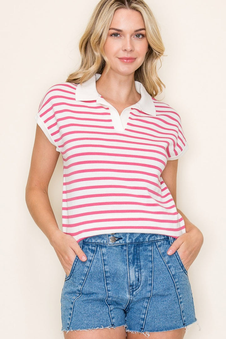 It's Going Well Pink and White Stripped Collared Short Sleeve Top