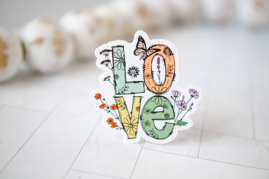 LOVE, Floral With Butterfly, Vinyl Sticker, 3x3 in.