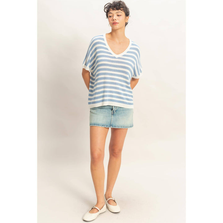 Striped V-Neck Short Dolman Sleeve Oversized Top