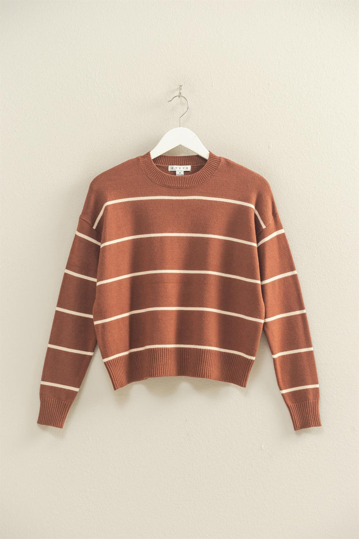 What You Love Crew Necked Stripe Sweater in Brown
