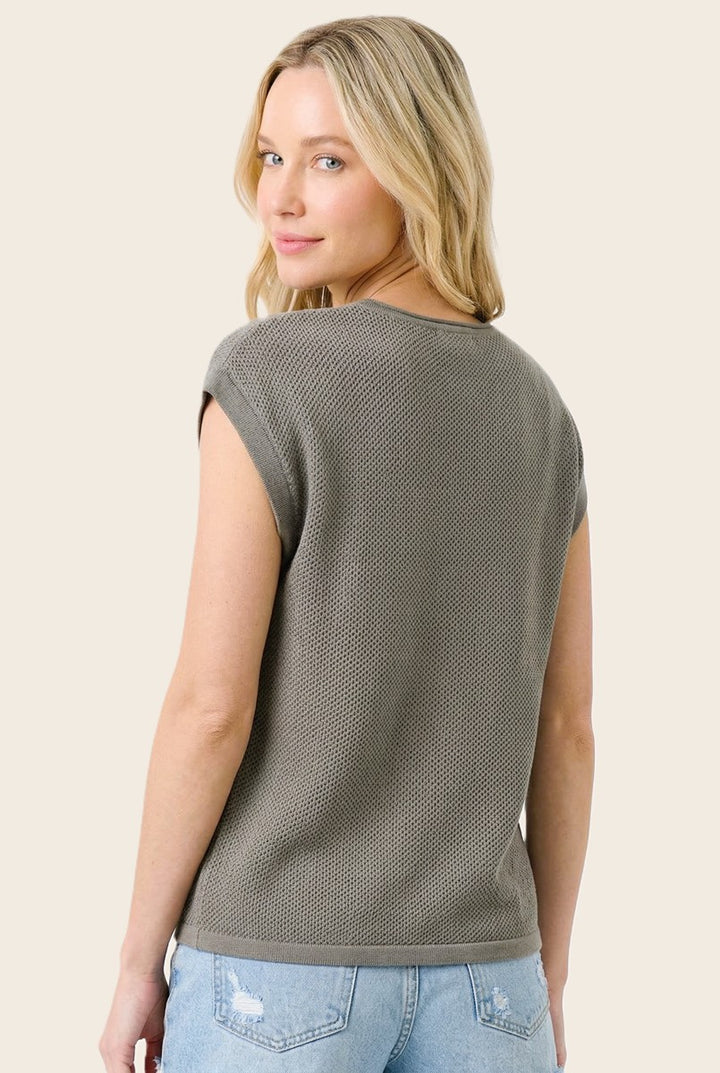 Center of It All Pointelle Short Sleeve Sweater in Olive