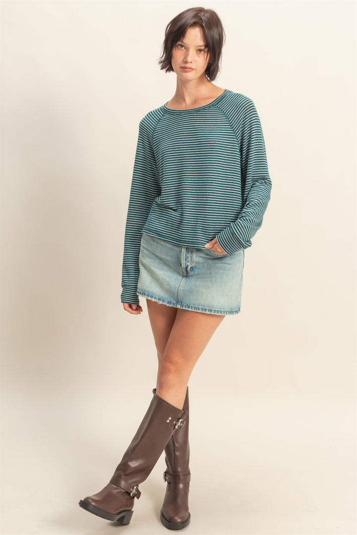 Come for It Striped Raglan Long Sleeve Top in Green/White