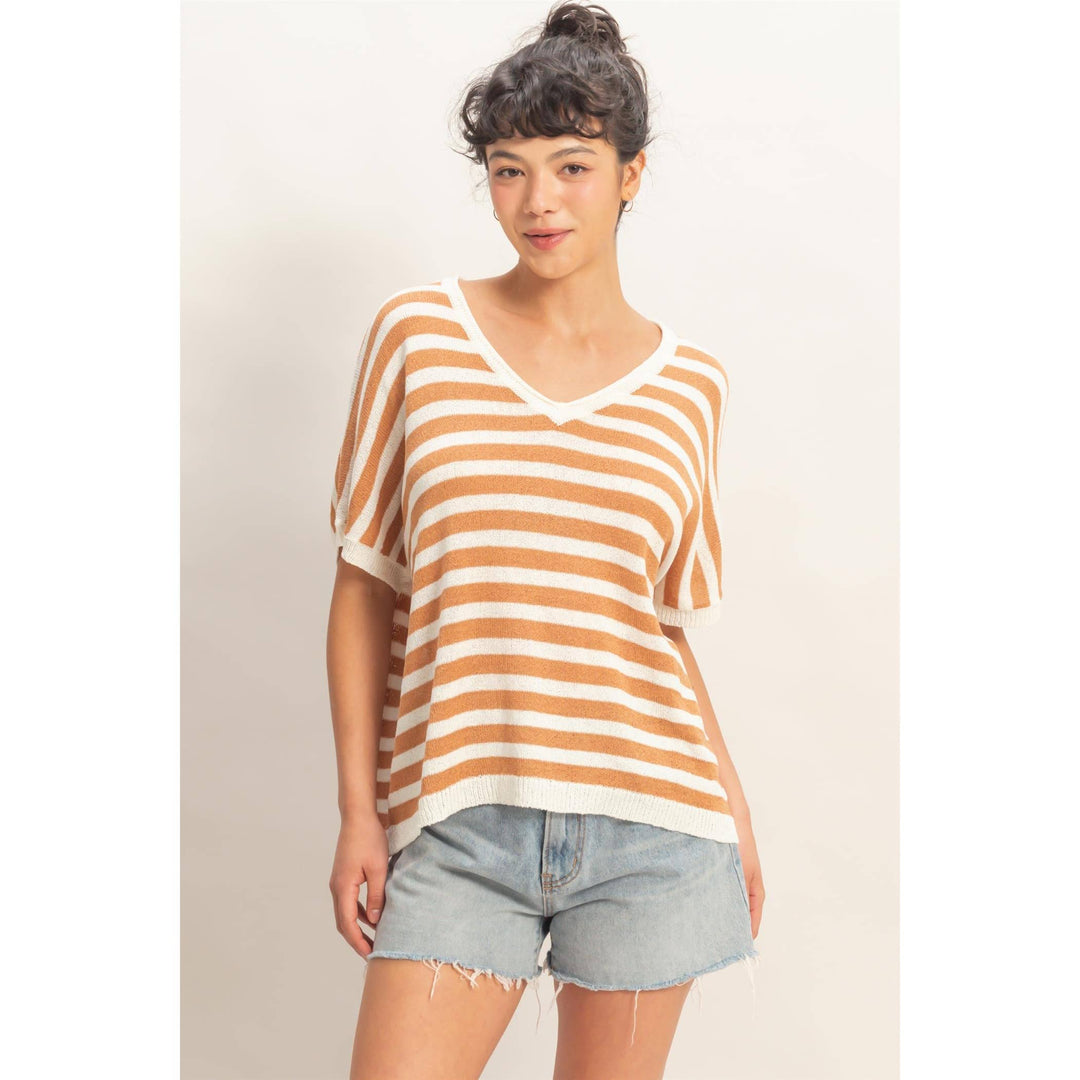 Striped V-Neck Short Dolman Sleeve Oversized Top