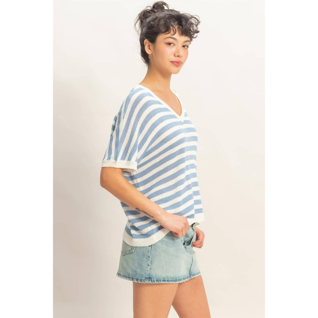 Striped V-Neck Short Dolman Sleeve Oversized Top