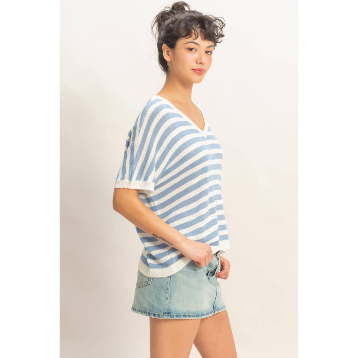 Striped V-Neck Short Dolman Sleeve Oversized Top