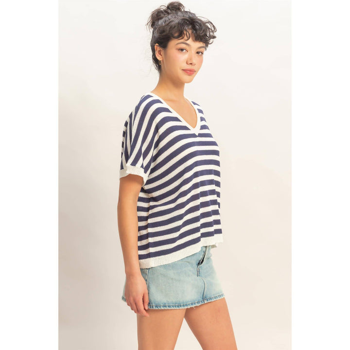 Striped V-Neck Short Dolman Sleeve Oversized Top