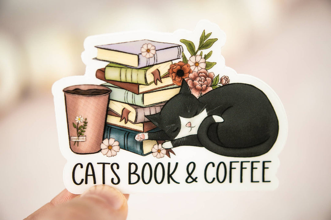 Cats Book & Coffee,  Vinyl Sticker, 3x3 in.