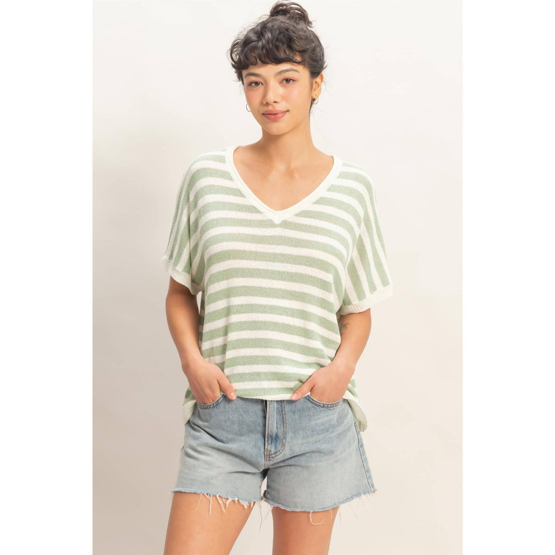 Striped V-Neck Short Dolman Sleeve Oversized Top