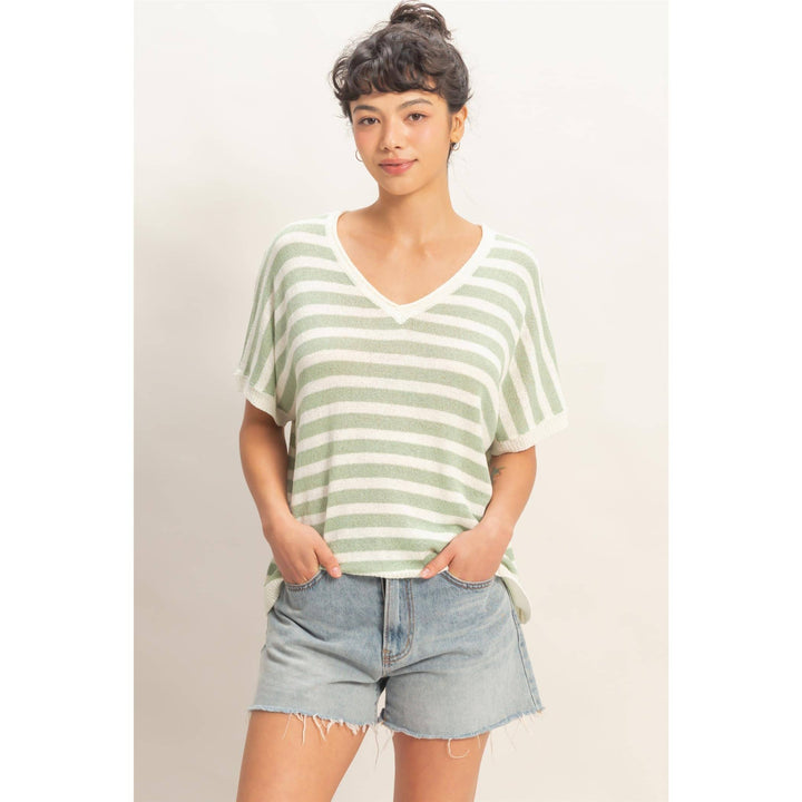 Striped V-Neck Short Dolman Sleeve Oversized Top