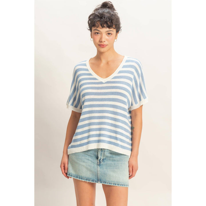 Striped V-Neck Short Dolman Sleeve Oversized Top