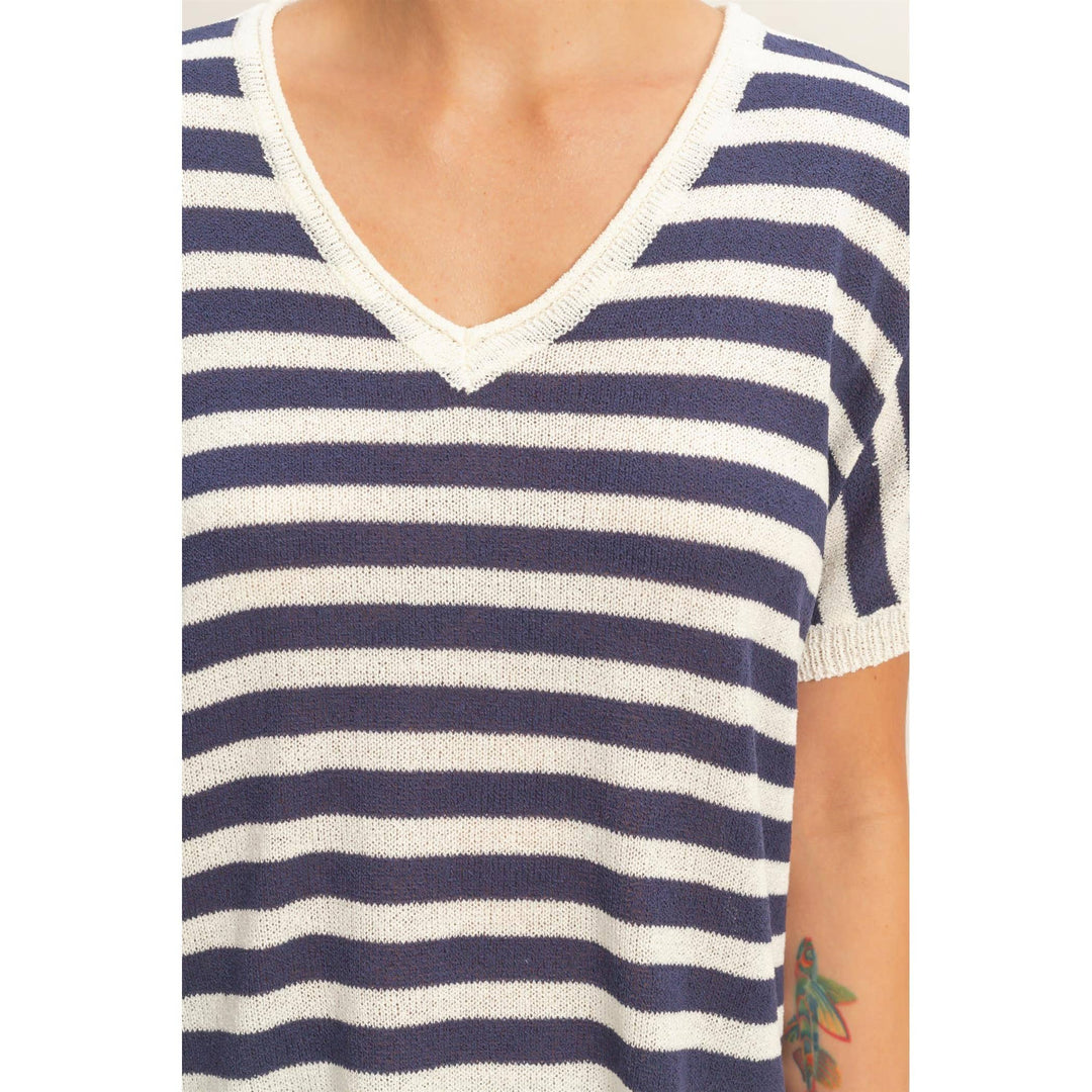 Striped V-Neck Short Dolman Sleeve Oversized Top