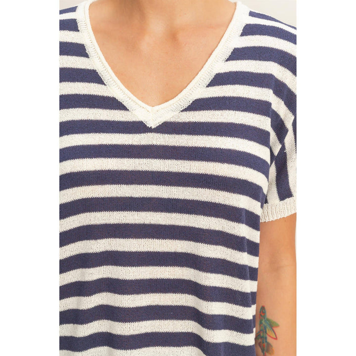 Striped V-Neck Short Dolman Sleeve Oversized Top