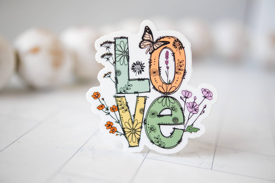 LOVE, Floral With Butterfly, Vinyl Sticker, 3x3 in.