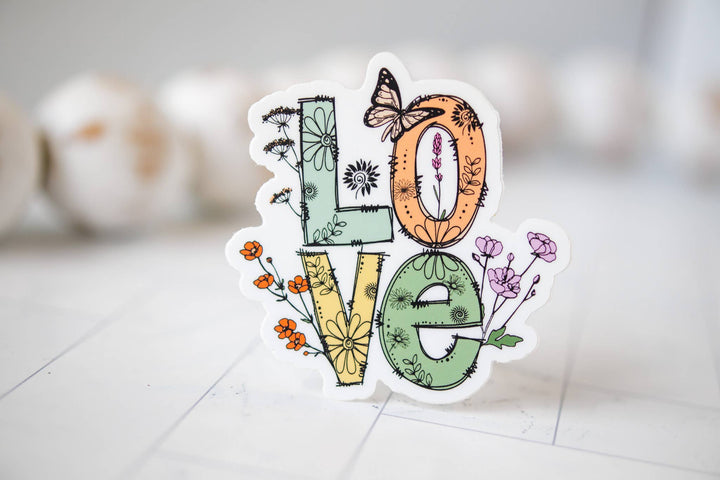LOVE, Floral With Butterfly, Vinyl Sticker, 3x3 in.