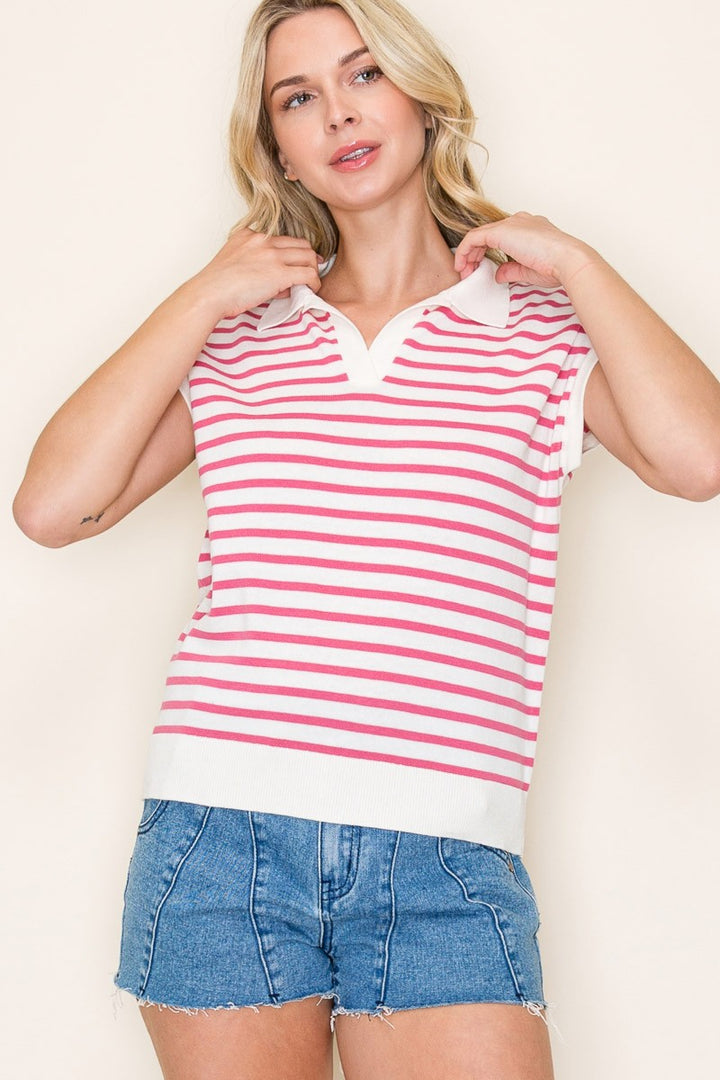 It's Going Well Pink and White Stripped Collared Short Sleeve Top