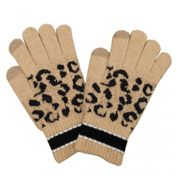 Knit Leopard Print Smart Touch Gloves With Stripe