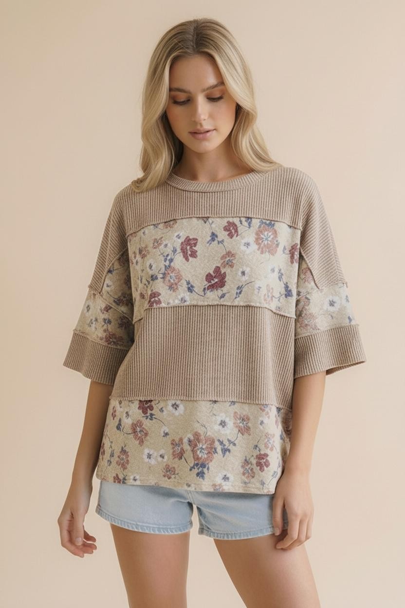 About Time Taupe Floral Short Sleeve Ribbed Top